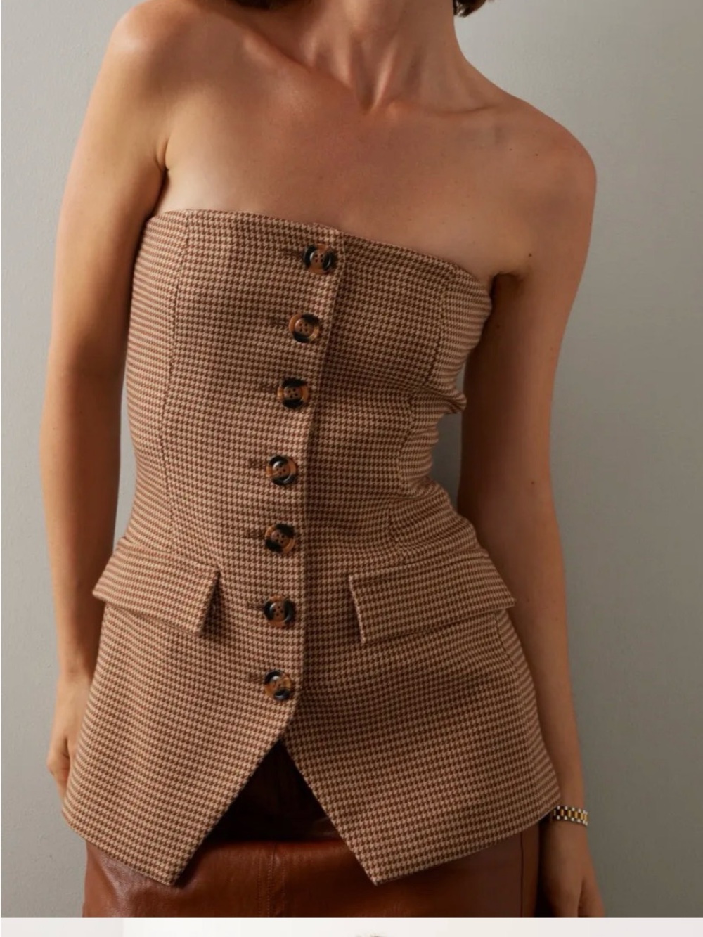 Favorite Daughter Strapless Houndstooth Bustier Top in Brown